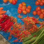 tomatoes and peppers on a blue tablecloth
